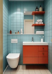 Modern bathroom with light blue tiles and red cabinets showcasing sleek design