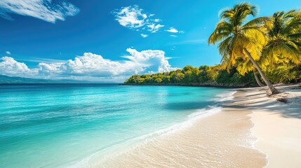 Fototapeta premium Stunning Jamaican beach with turquoise waters and palm trees, set against a bright blue sky.