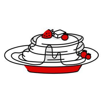 recommend clip art: flat illustration of delicious fluffy pancakes lying on a plate. Pancakes are doused with maple syrup and decorated with fresh berries. Illustration is made in red and white with a thin black outline