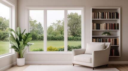 Cozy reading nook with a built-in bookshelf, a plush armchair, and large windows overlooking a garden, Modernist, Watercolor