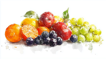 A watercolor illustration of mixed fruits, including strawberries, kiwis, and grapes, is set against a clean white background, highlighting the bright colors and delicate textures of each piece