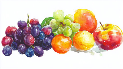A watercolor illustration of mixed fruits, including strawberries, kiwis, and grapes, is set against a clean white background, highlighting the bright colors and delicate textures of each piece