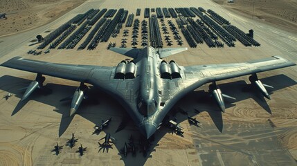 B-2 Spirit stealth bomber, a strategic bomber aircraft, with a large number of missiles on the ground