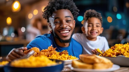 Happy father and son enjoying a meal together at a restaurant.