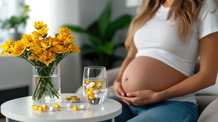 Close-up of prenatal vitamins and a glass of water on a bedside table next to a pregnant mother.