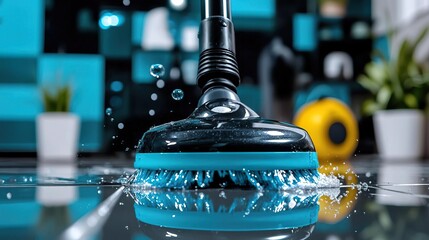 Close-up of a blue and black electric spin mop cleaning a tiled floor.