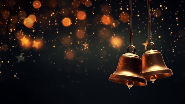 Two decorative bells dangle beautifully, surrounded by a warm, glowing background, capturing the essence of a joyful celebration, light bokeh, christmas mood, copy space