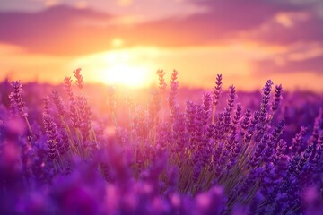 A field of lavender under a vibrant sunset, gentle breeze swaying the flowers, cinematic light