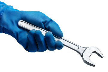 isolated hand of auto mechanic in blue glove holding wrench