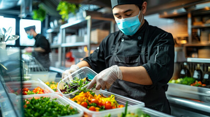 Cafe staff preparing and packaging fresh takeout orders safely during COVID-19 pandemic