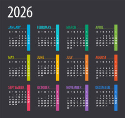 2026 Calendar - illustration. Template. Mock up