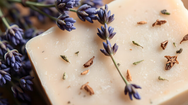Artisan Handcrafted Soap with Fresh Lavender and Herbs, Close-Up. Generative AI