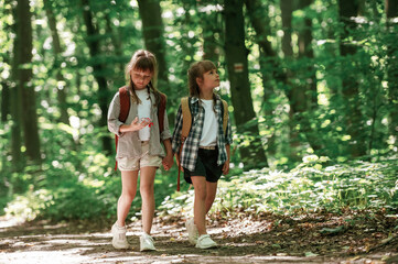 Obraz premium Weekend hiking. Kids in forest at summer daytime together