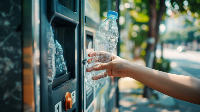 A hand put empty plastic bottle in the machine, Reverse vending machine for refund and recycling metal, Recycling machine that dispenses cash, Recycling concept	
