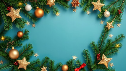 Christmas decorations frame a blue background joyfully.