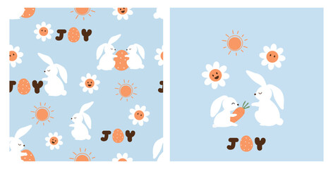 Easter seamless pattern with bunny rabbit cartoons, daisy flower, hand written fonts, sun and carrot on blue background vector.