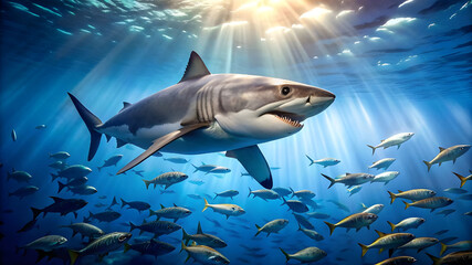 Obraz premium a hungry great white shark patrolling the clear