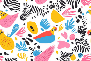 Colorful exotic abstract pattern with parrots and zebras