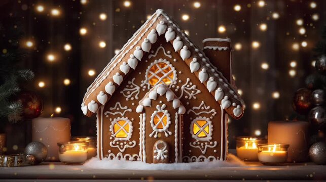 A beautifully crafted gingerbread house is adorned with icing and lights, surrounded by candles and festive decorations, capturing the holiday spirit, snow, christmas mood