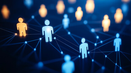 Blue and golden glowing silhouette of employees connected with lines on dark blue background.
