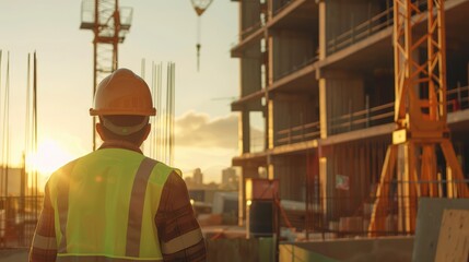 Construction Worker Hard Hat Safety Sunset Scene