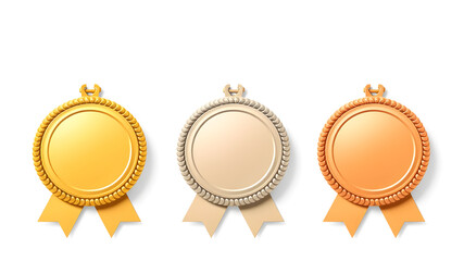 Award golden, silver and bronze blank medals 3d vector realistic illustration. First, second and third place medals or buttons isolated on white background. Quality blank, empty badge, Generative AI