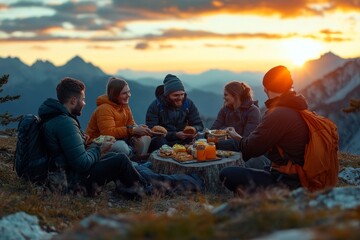 Group of friends eating burger on mountain top, Generative AI