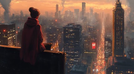 Solitary Figure Gazing Over the Cityscape at Dusk