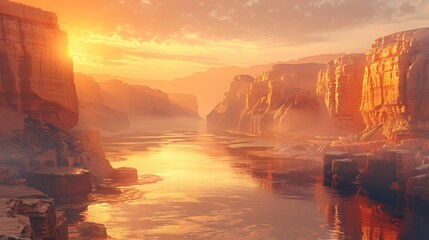 A digital artwork of a canyon with rugged rock formations and a winding river, misty morning with soft glow, detailed and tranquil, capturing the enchanting and serene ambiance, hd quality,