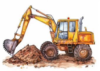 A backhoe loader and a tractor with bucket are shown in watercolor.