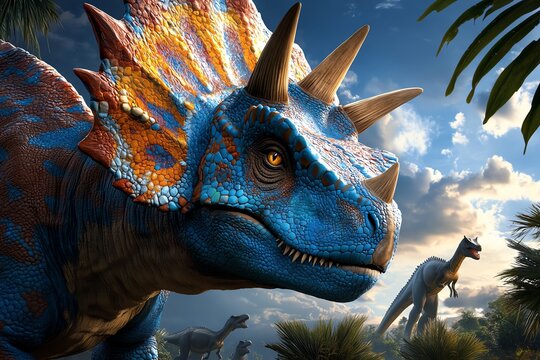 Fototapeta Vibrant, colorful dinosaur scene in prehistoric jungle with horned dinosaur in focus, surrounded by other dinosaurs, set against dramatic sky.