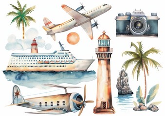 Various watercolor images of a sea cruise with an airplane, a lighthouse, a pier, a camera, seagulls, and sand