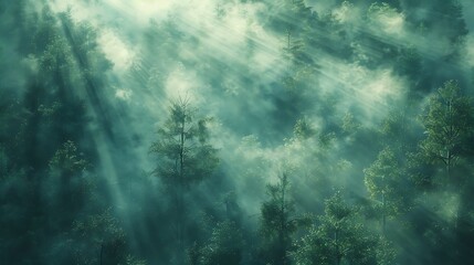 Obraz premium A digital artwork of a dense forest enveloped in fog, with sunlight piercing through the mist, creating an ethereal glow, mid-morning light, detailed and peaceful,