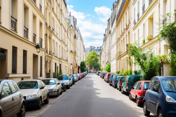 Fototapeta premium Charming street view in Paris with parked cars and beautiful architecture