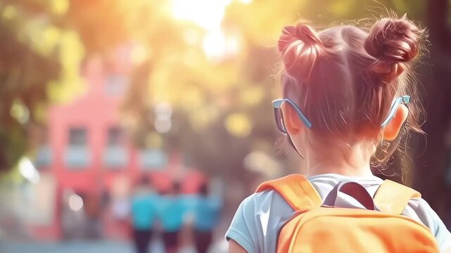 a Little Girl Going Back to School . Child wearing a backpack ready for the first day of kindergarten 