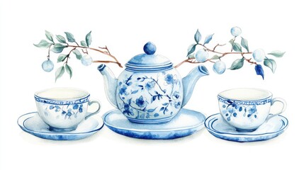 Fototapeta premium A watercolor illustration of a MidAutumn Festival tea set, delicate porcelain, isolated on white background