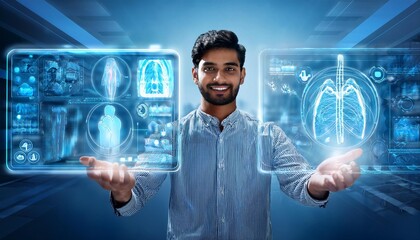 businessman touching virtual screen,A futuristic background illustrating a seamless telemedicine environment, with holographic screens displaying patient data and medical icons, set against a backdrop