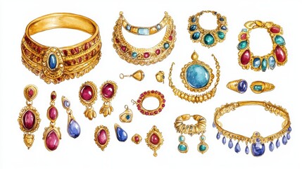 A watercolor illustration of traditional Indian jewelry worn during Diwali, ornate and beautiful, isolated on white background