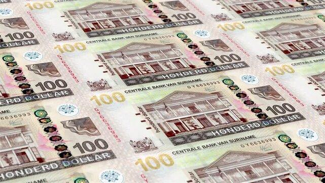Suriname Surinamese Guilder 100 Banknotes Money Printing House, Printing One Hundred Surinamese Guilder, Printing Press Machine Print out Surinamese Guilder, Being printed by currency press machine