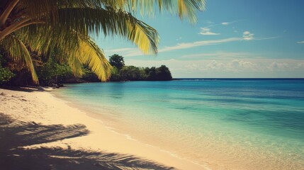 Naklejka premium Turquoise sea and palm-fringed beach in Jamaica. Tropical paradise under the sun.