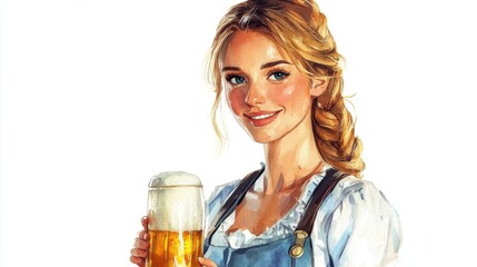 Watercolor illustration of an Oktoberfest waitress serving beer, lively expression, isolated on white background