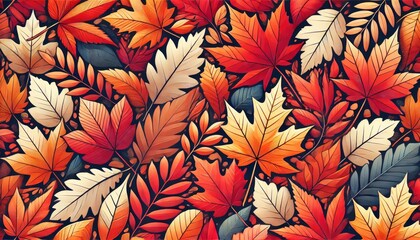 Fototapeta premium Pattern of red and orange maple, birch, oak leaves. Autumn background. Bright pattern of autumn maple, birch and oak leaves.