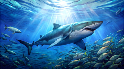 Fototapeta premium a hungry great white shark patrolling the clear