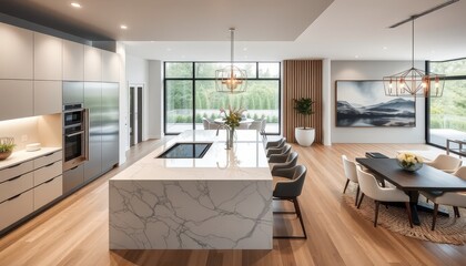 Fototapeta premium Modern kitchen with marble island and wood floors.