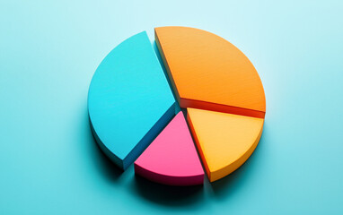 Closeup colourful 3D pie chart on blue background. Peace symbols.