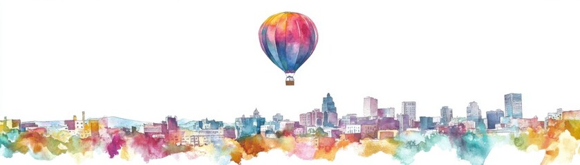 Watercolor depiction of a hot air balloon flying over Albuquerque s cityscape, urban and scenic, isolated on white background