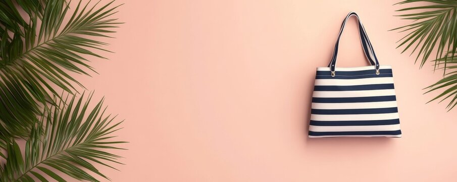 Striped beach bag with tropical palm leaves on a pastel peach background