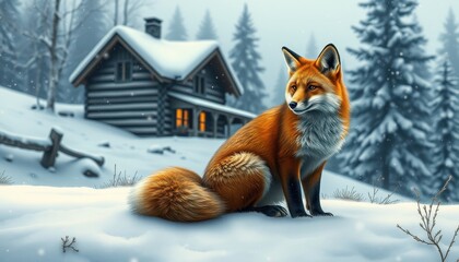 Obraz premium Red Fox in Snowy Landscape with Cabin.
