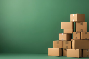 Stack of cardboard boxes on green background. Move house, relocation, delivery service.