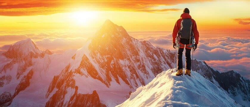 A climber with blistered hands finally reaching the peak of a snowy mountain with a sunrise in the background showing that hard work pays off